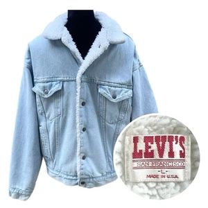 Vintage Levi’s Sherpa Jacket 80s Levis Denim Trucker Jacket - Mens Large - Picture 1 of 15