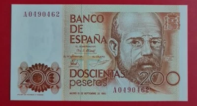1980 SPAIN 200 PESETAS 'GEM UNC'【P-156】@ Prefix A @ - Image 1 of 4