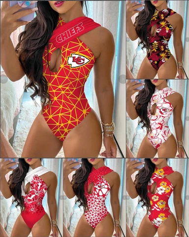 Kansas City Chiefs Criss Cross One-piece Swimwear Hollow-out Halter Bathing Suit Cover