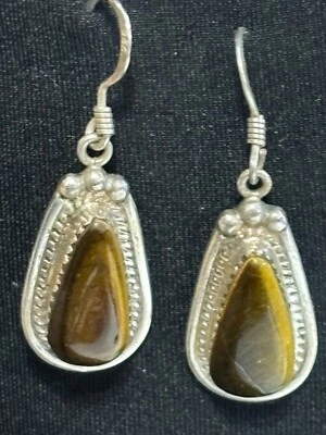 Pendientes perforados colgantes ojo de tigre de plata esterlina marcados AL #80 Foto 1 de 4