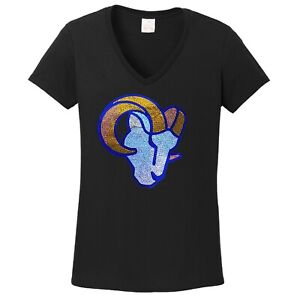 Women's Los Angeles Rams  spangles Football V-neck T-Shirt Tee Bling Lady 