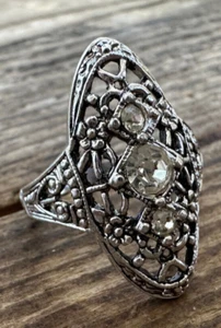 Ring Size 6 Antique Look Ornate Filligree Silver Metal 18K HGE 3 Gems Diamonds ? - Picture 1 of 8
