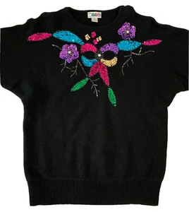 Suéter Vintage Rave Lana de Cordero Mezcla Angora Negro Lentejuelas Talla M 80 - Imagen 1 de 8