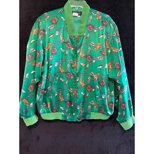 Lillie II Seide Bomberjacke Golf Print Full Zip Vintage Style Grün L - Bild 1 von 9