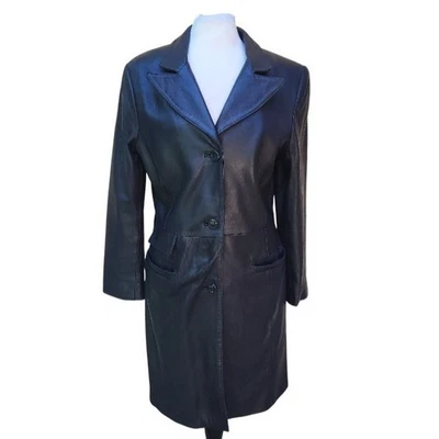 Bod & Christensen VTG Martina Women's Long Black Leather Matrix Trench Coat - M - Image 1 of 4