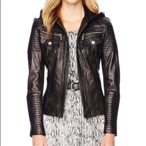 Giacca moto Michael Kors vera pelle nera con cappuccio XS - Foto 1 di 11