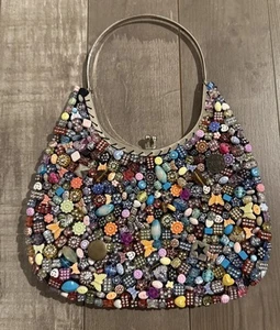 Borsa a tracolla multicolore Kisslock perline bottoni nero scintillante raso sera - Foto 1 di 11