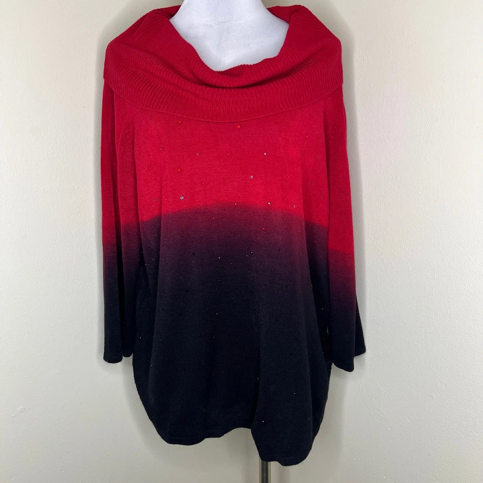 Elementz Cowlneck Sweater 3X Red Black Ombre Dip Dyed Jeweled Rhinestone Knit  - Image 1 of 4