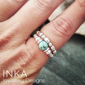 INKA Sterling Silver stacking Stretch Ring Thumb rings set of 2 Turquoise Bead - Picture 1 of 7
