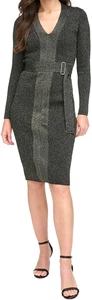 Vestido midi ceñido al cuerpo con cinturón metálico tejido manga larga Vince Camuto L para mujer - Imagen 1 de 5