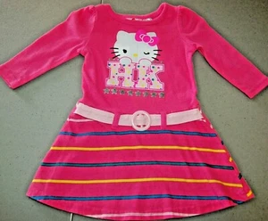 HELLO KITTY 12M GIRLS DRESS PINK LONG SLEEVES STRIPES LOGO BELTED 100% COTTON - Picture 1 of 11
