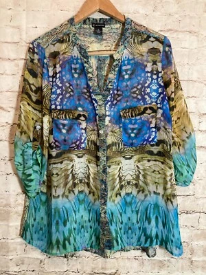 Top New Directions para mujer XL turquesa estampado mixto semi transparente botón delantero artístico Foto 1 de 4