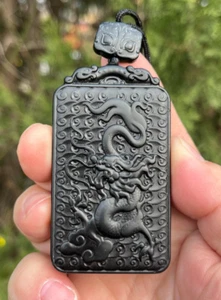 CERTIFIED 74.6g 100% NATURAL XIN JIANG BLACK JADE HAND CARVED DRAGON PENDANT - Picture 1 of 9