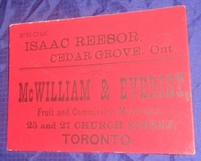 SE879 Vtg Business Card Isaac Reesor Cedar Grove ON McWilliam & Everist Toronto