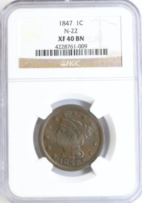 1847 N- 22 Braided Hair Large cent, NGC XF 40 BN - Very Nice!! - Image 1 of 3