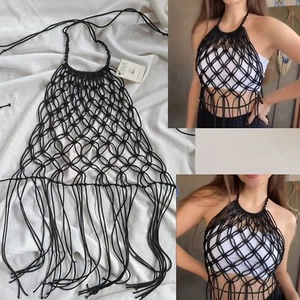 Macrame Fringe Halter crop Top Womens Summer beach party Back Tie Boho Hippy - Picture 1 of 6