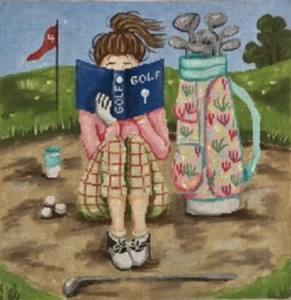 Needlepoint Handpainted Gayla Elliot Stitching Girl Golf Alice Peterson 10x11 - Picture 1 of 4