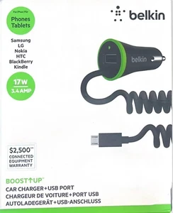 Belkin Boost Up Chargeur Voiture avec Câble Micro USB Enroulé 4 Pieds Noir (Boîte Ouverte) - Photo 1 sur 3