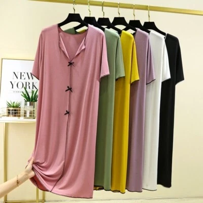 Women's Summer V-Neck Midi Dress - Modal Cotton Loose Fit Sleepwear/Lounge Dress - Image 1 of 4
