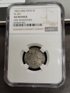 1866/1866 FS-301 Shield Nickel Rays AU DETAILS SCRATCHED NGC - Picture 1 of 4