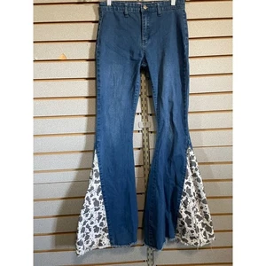 Cowgirl Hardware Western Girls Jeans Size 14 Blue Denim Cow Print Bell Bottoms - Picture 1 of 5