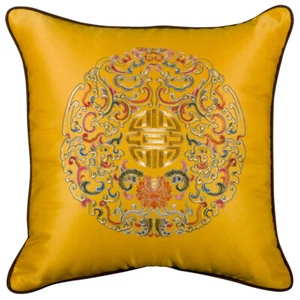 US SELLER - Gold Embroidered Longevity Motif Chinese Silk Pillow - Picture 1 of 4