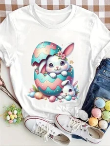 Easter Rabbit & Egg Print Round Neck Tee New New Tshirt - Picture 1 of 5