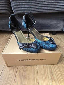 Joe Browns Ladies Shoes Teal & Black Lace Heels UK 6 Vintage Style with Bow - Picture 1 of 19
