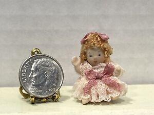 Vintage Artisan Signed Tiny Porcelain Little Girl Doll Dollhouse Miniature 1:12