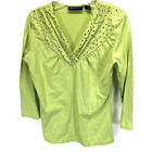 Metro Style Damen Gr. L Bluse Shirt 3/4 Ärmel grün V-Ausschnitt Baumwolle Paillettenkragen