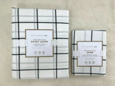 New Pottery barn Teen Boxter Plaid Cotton Duvet Cover Sham Navy White Onyx Twin
