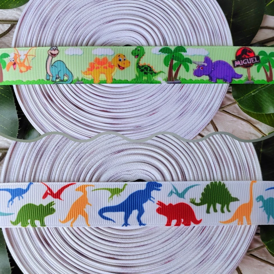 Dinosaur  22mm 7/8" 1 Yard Grosgrain 3D Print Birthday Ribbon Crafts Gift Warp - Image 1 of 1