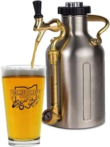 uKeg GrowlerWerks Pressurized Beer Growler 64 oz Stainless Steel w/ Brass Trim - Picture 1 of 19