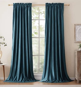 PRIMROSE Blackout Velvet CURTAIN PANELS Teal Blue Window Drapes Rod Pocket 52x84 - Picture 1 of 8