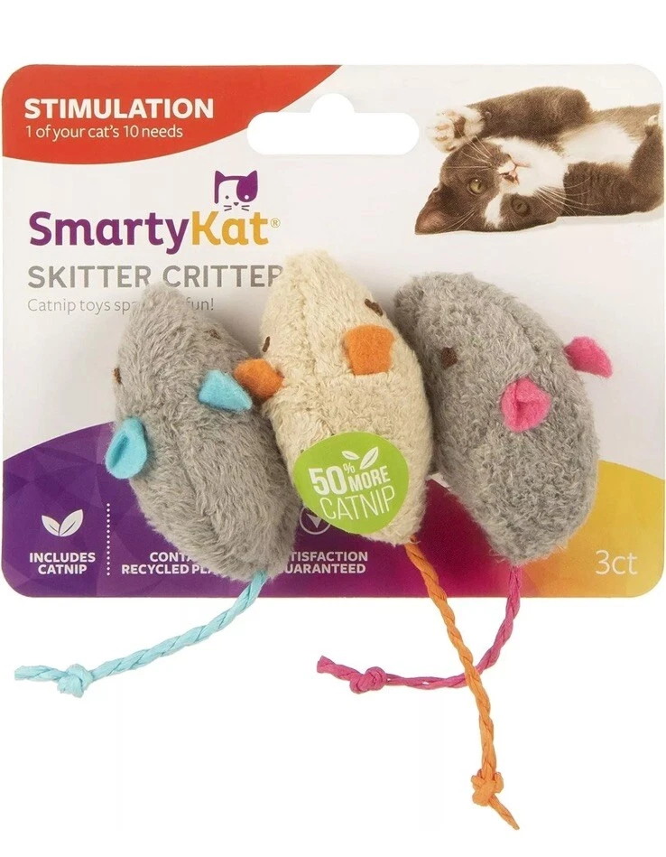 SMARTYKAT 3 Pack Cat Toy Skitter Critters Mouse Catnip Kitten Gray/Cream Mice