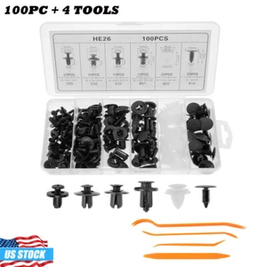 100pc & 4 Tools Bumper Clips Car Hole Rivets Fastener Fenders Push Pin Universal - Picture 1 of 12