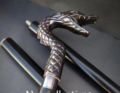 Дизайнерская деревянная трость с твердой латунной головой дракона в антикварном стиле - Изображение 1 из 4