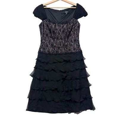 Tadashi Collection silk Black Lace Ruffle Tiered Cap Sleeve Cocktail Dress sz 12 - Image 1 of 4