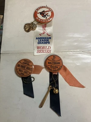 3 Baltimore Orioles pins American League champions Ribbons Charms 1966 1969 1970 - Image 1 of 4