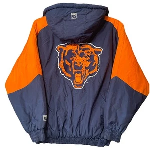 Vtg 90S Chicago Bears Logo 7 NFL Puffer Jacket Hood L Blue Orange Embroidered - Picture 1 of 11