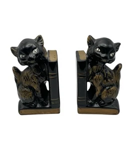 Vintage rote Ware Keramik schwarze Katze Buchstützen mit Stifthaltern Made in Japan - Bild 1 von 4