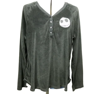 Disney Jack Skellington Fleece Sleep Shirt Henley V-Neck Long Sleeve Black L - Picture 1 of 22