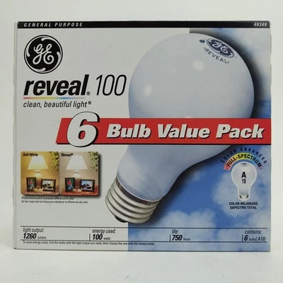 GE Reveal 100 vatios paquete de 6 bombillas A19 espectro completo - 49349 - nuevo en caja Foto 1 de 4
