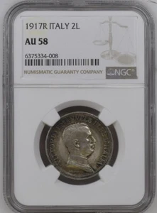 1917R NGC AU58 Italy 2 Lire Horses Chariot Silver Mint State Coin Rare Year - Picture 1 of 4