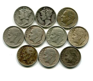 US Silver Coin Lot- 10 Dimes - 2 Mercuries and 8 Roosevelts - Free Shipping - Picture 1 of 2