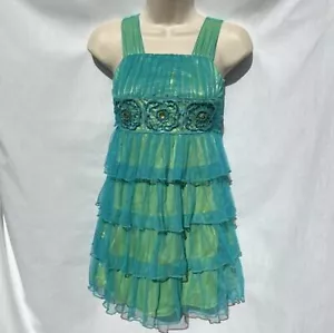 My Michelle ärmelloses blau & grünes Kleid mit Perlenstickerei Größe 7 - Bild 1 von 10