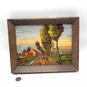 Piccola tavola olio originale vintage campagna strada fattoria Bucks County alberi non firmati - Foto 1 di 12