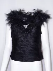 Spenser Jeremy Womens L Silk Blouse Cocktail Fancy Sleeveless Black Feather Top - Picture 1 of 7