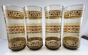 4er Set Vintage Longdrinkgläser Becher Gold Rosa Blumenmuster 6,75" Retro - Bild 1 von 6