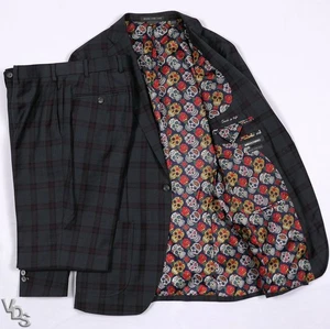 Indochino Men's 38 Slim /30W x30L Suit Windowpane Check Wool Skull Print Lined - Picture 1 of 18